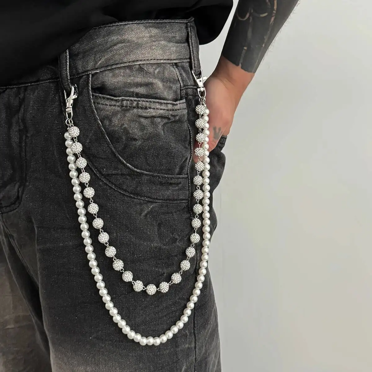 Ingemark Hip Hop Strass Imitation Perle Schlüsselanhänger Taille Gürtel für Männer Punk Jeans Hosen Tasche Brieftasche Ketten Straße Schmuck Geschenk