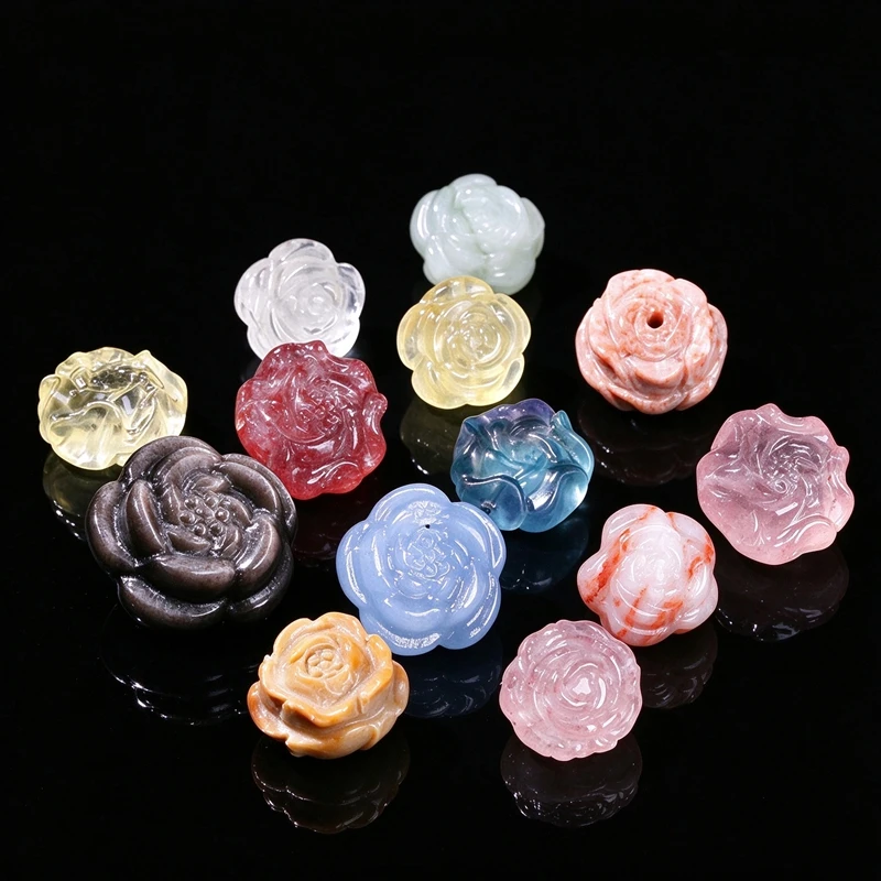 1 Pcs Natural Rose Quartz Obsidian Crystal Agate Carved Rose Flower Shape Bead For Jewelry Making DIY Necklace Bracelet supplies