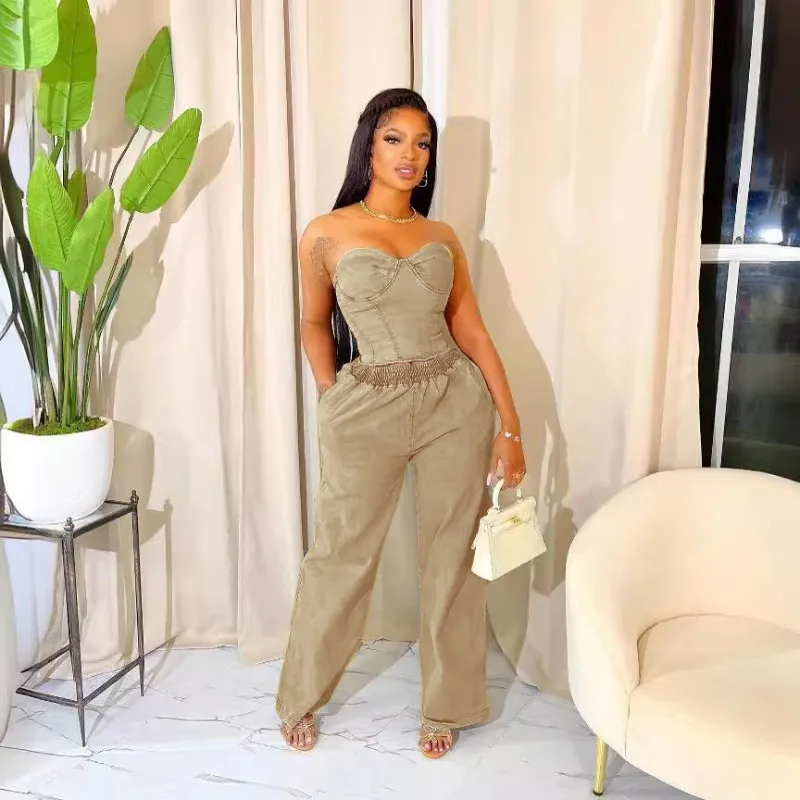 

Women Fashion Denim 2 Piece Set Strapless Backless Cropped Tank Tops + Elastic Waist Loose Straight Pants Casual Jeans Suits