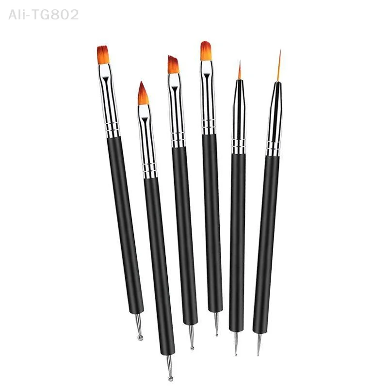 6Pcs Dual-ended Nail Art Brush Set Black Handle Multi-type Tips For Liner UV Gel Painting Carving Manicure Tools Professional