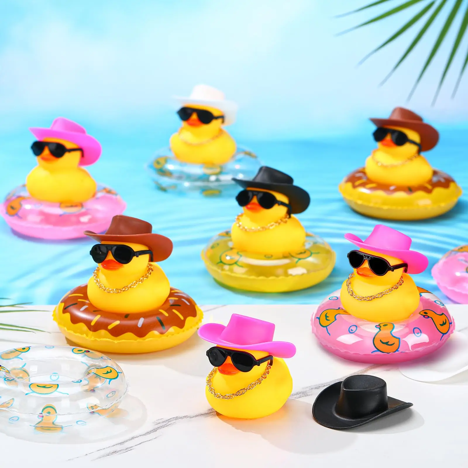 6/12/24 pcs Cowboy Rubber Duck Mini Rubber Duckies with Mini Cowboy Hat Swim Circle Necklace Sunglasses for Bathtub Toys Car