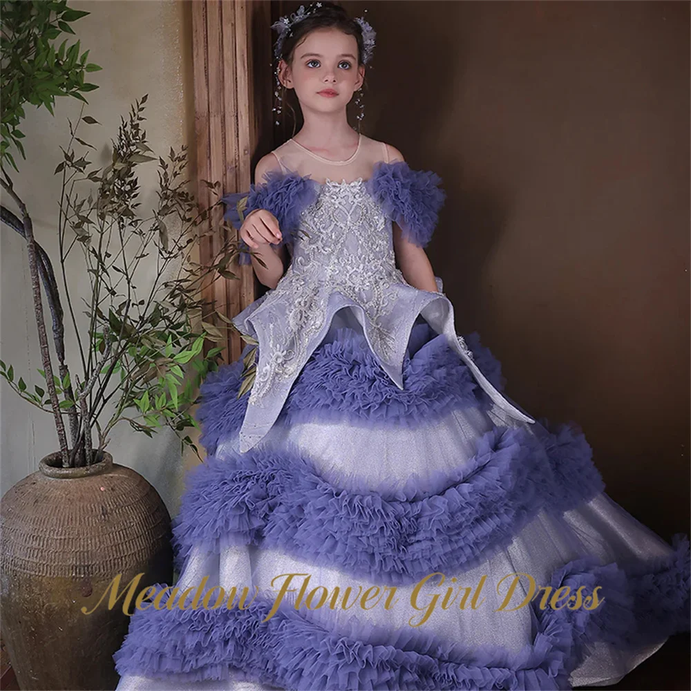 Meadow Silver Lavender Embroidered Kids Birthday Party Dress Off Shoulder Pageant Dress for Girl Embroidery First Communion Gown