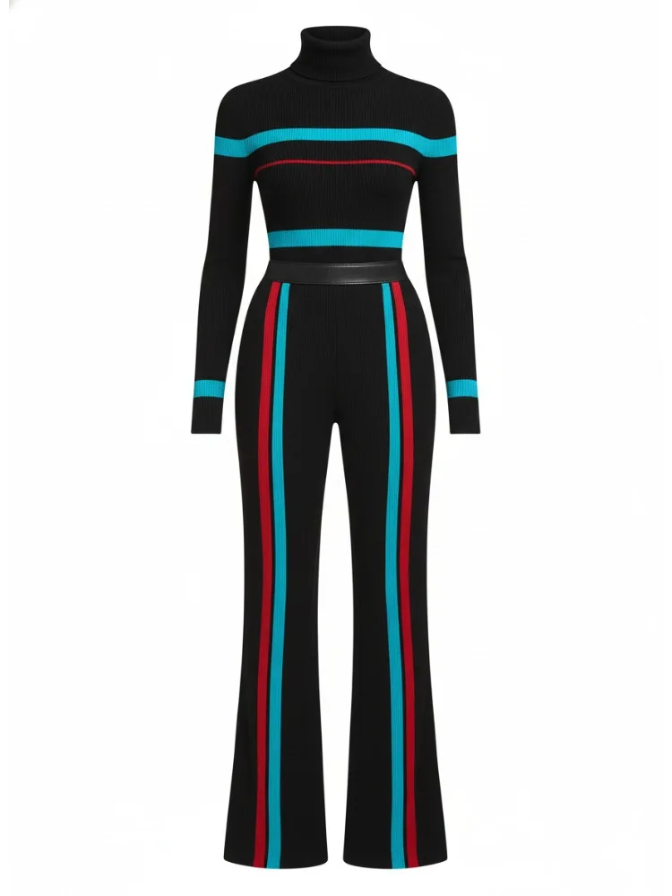 Onecozyday 女性の秋のスタイリッシュな服コントラストカラーストライプタートルネックセーターハイウエストストレートパンツカジュアルスーツ