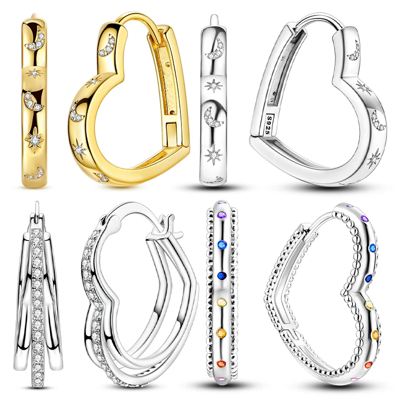 

Earrings 925 Sterling Silver Hoop Earring Sparkling Heart-Shaped Star Moon Earrings For Women Jewelry Fine Birthday Party Gifts
