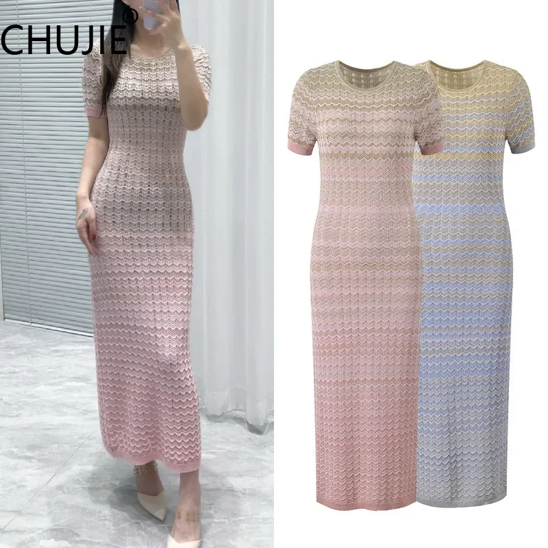 

CHUJIE 2025 Summer Knit Dress | Color Gradient Design Round Neck Slim Fit T-Shirt Dress | Fashion Women's Dress