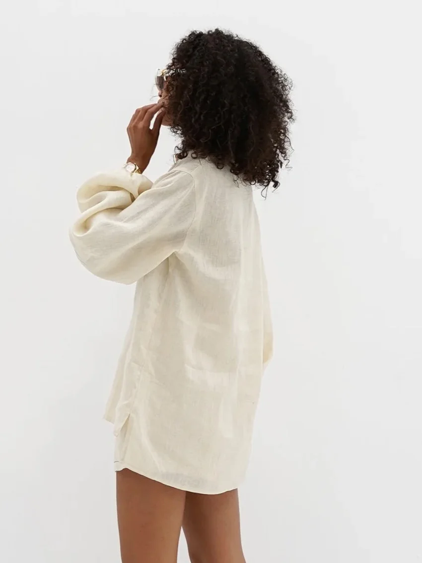 Marthaqi-女性用コットンパジャマ,ナイトウェア,長袖,襟付き,ショーツ,カジュアル,2ピースセット