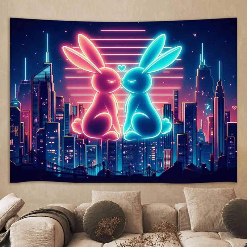 VIKAMA Neon Rabbit Couple Tapestry Synthetic Wave City Polyester Fiber Wall Hanging Bedroom Living Room Home Decoration