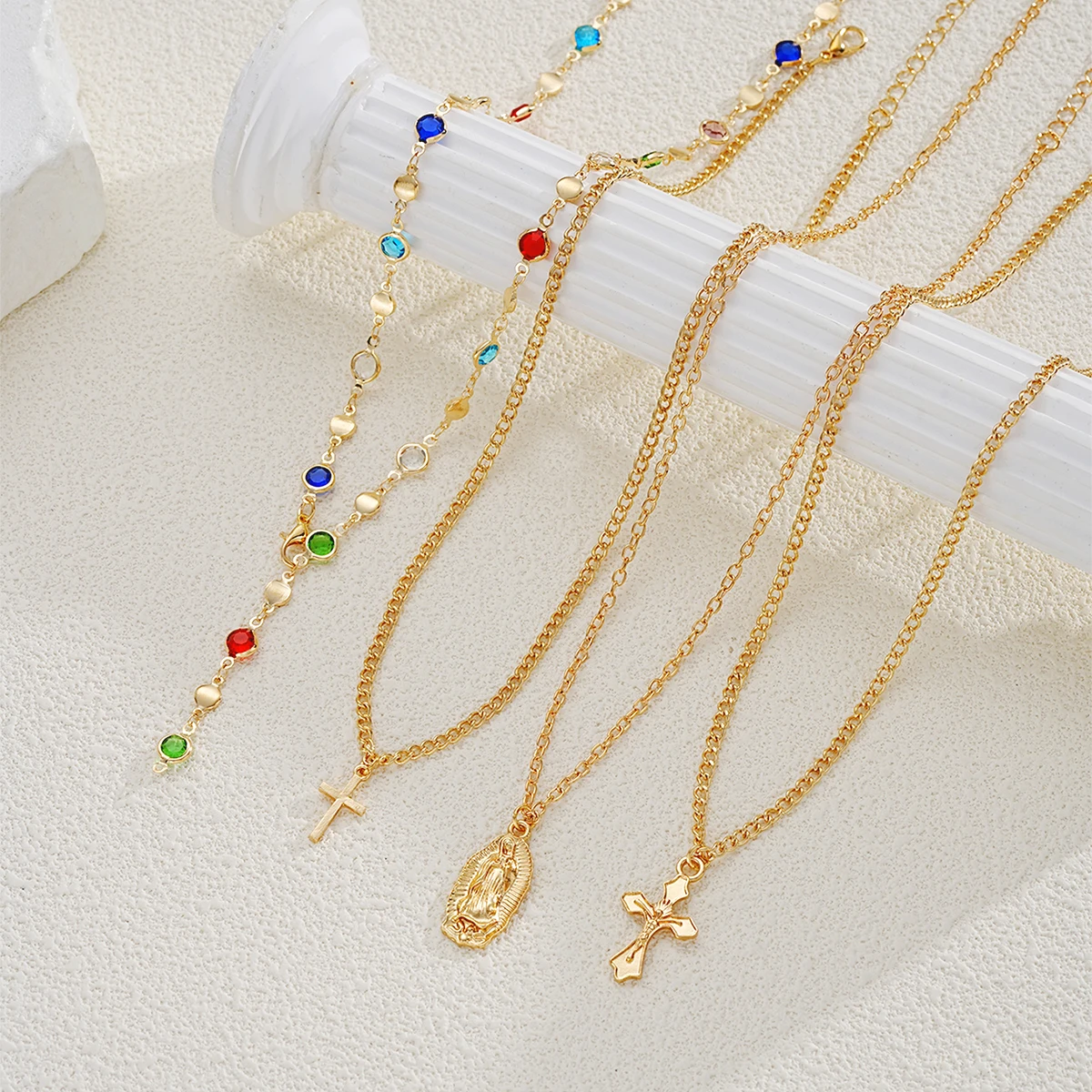 4Pcs/Set Cross Colorful Crystal Necklaces For Women Simple Gold Silver Color Y-Shaped Pendant Necklace Set New Christian Jewelry image 3