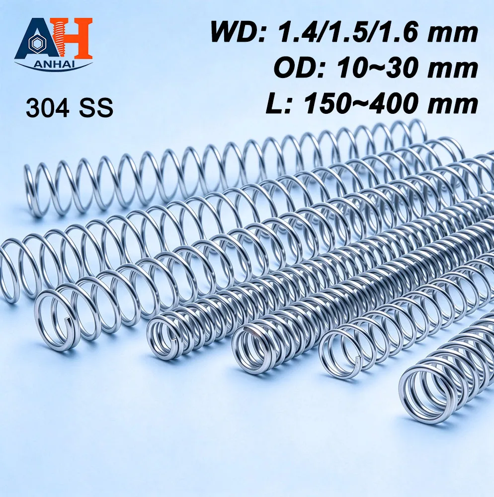 1Pc 1.4/1.5/1.6mm 304 Stainless Steel Long Compression Spring, OD:10mm-30mm, Length: 150/200/250/300/400mm, Customizable