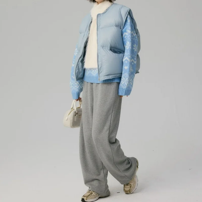 Hochwertige Winter-Weste für Damen mit Rundhalsausschnitt, verdickt, warm, Gänsedaunenweste, modische High-Street-ärmellose Leibchen-Puffy-Weste