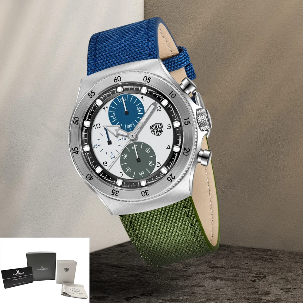 

Новинка 2025 года, мужские часы RollsTimi, роскошные кварцевые часы для мужчин, хронограф VK63, наручные часы AR с сапфировым стеклом, водонепроницаемая нейлоновая подарочная коробка