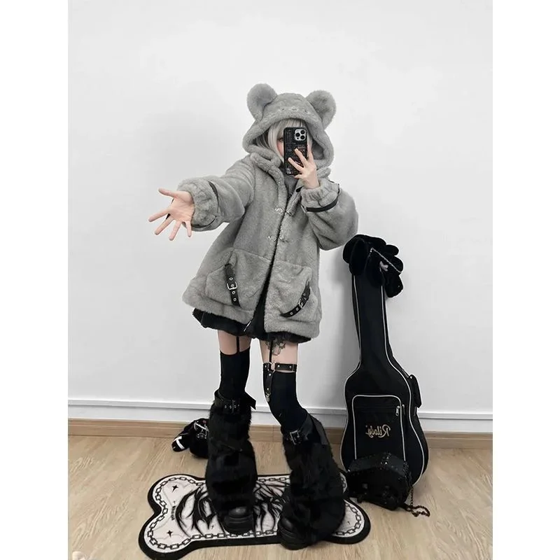 

Cute Big-Eared Lamb Wool Coat for Women Winter Clothes New Fashion Loose Sweet Cool Fluffy Fleece Thickened Warm Cotton Jacket