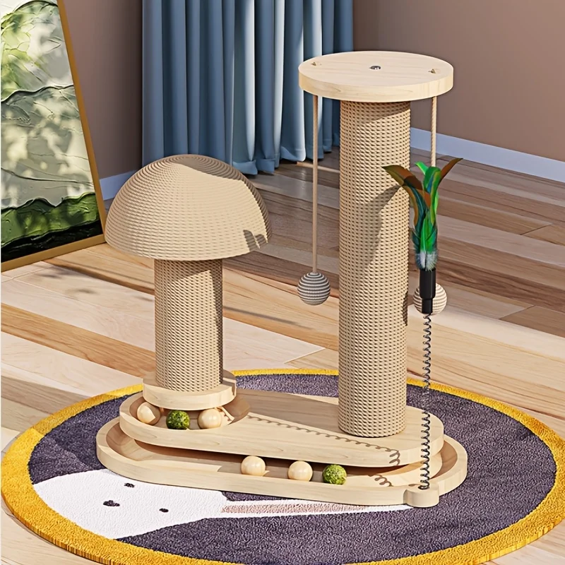 

Solid Wood Cat Scratching Post & - Mushroom Shaped Sturdy Stable Scratcher with Sword Hemp, Wide Base for balance, Climbing Tree for Kittens & Cats, Durable Furniture for play and Claw Maintenance