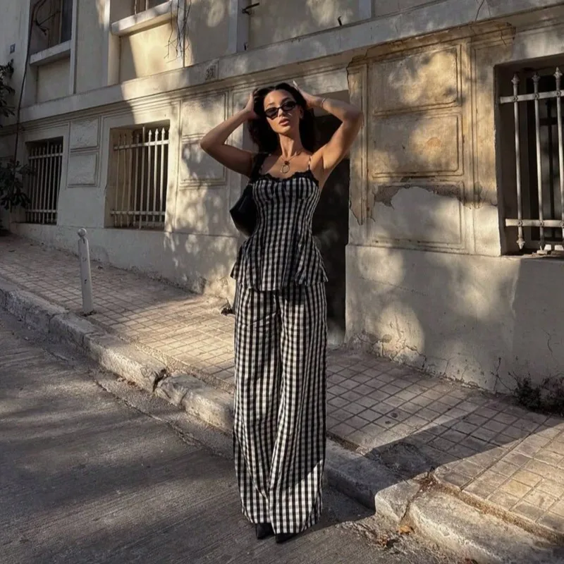 Lady Fashion Checkered Printed Two Piece Set Sexy Lace Splicing Design Top+Wide Leg Pants Set Women's Foreign Style Sling Outfit