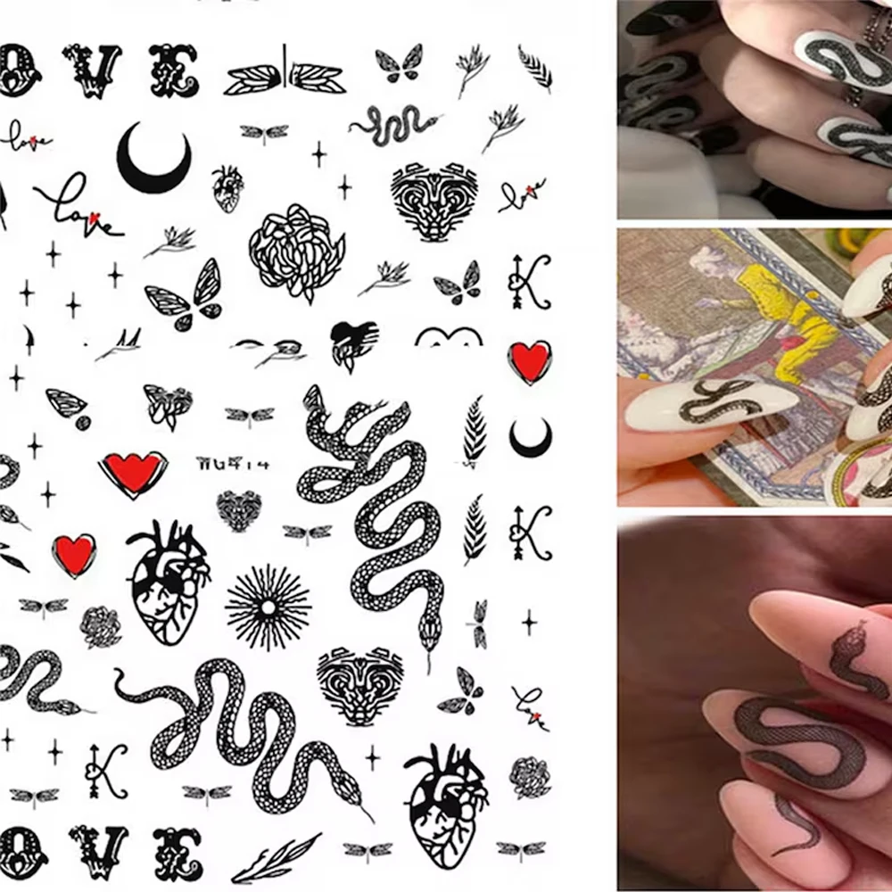 2 Sheets Black+white Snake Nail Stickers Decals Heart Rose Butterfly LOVE Letter Nail Sliders DIY Sweet Cool Girl Nail Sticker