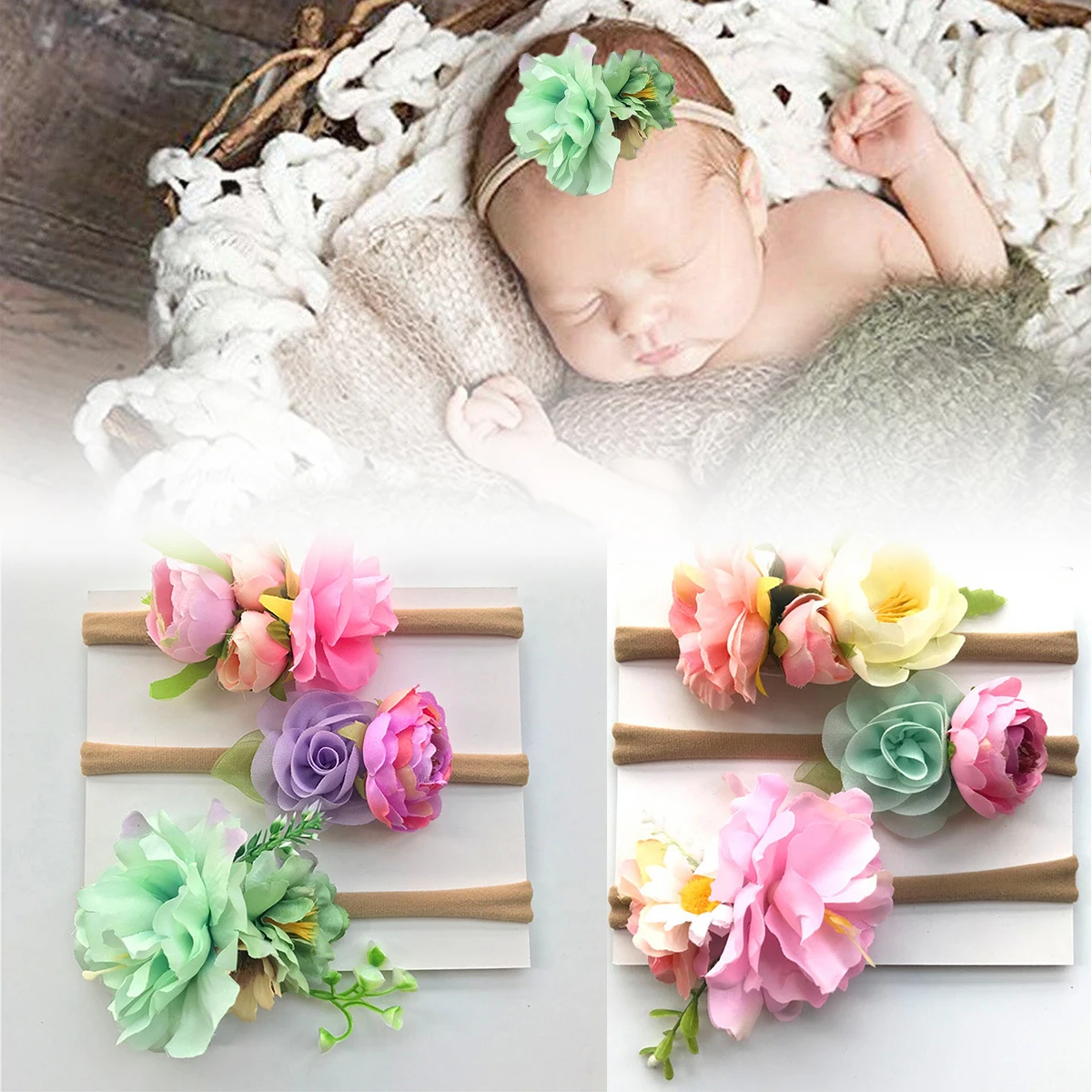 3Pcs New Baby Girl Headband Newborn Elastic Flower Toddler Hair Band Kids Photography Nylon Soft Hairbands Hair Accessories