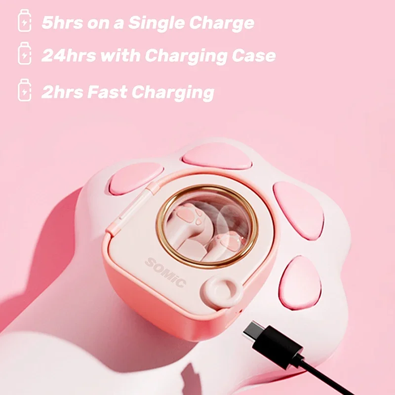 Somic C10 Earphones Pink Cute Cat Claw Wireless Bluetooth Earphone TWS Music Headphones Noise-cancelling Low Delay Game Headset