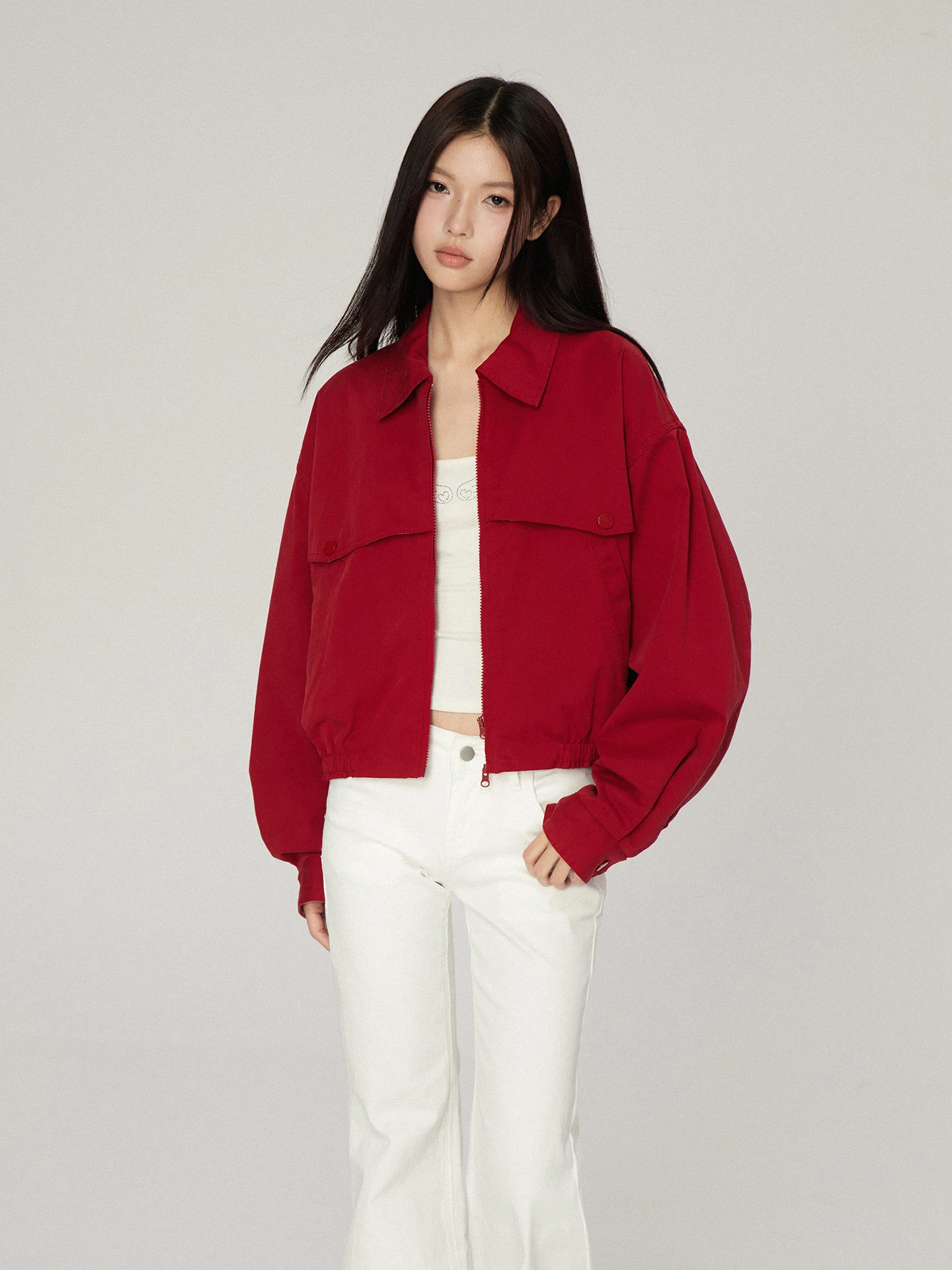 

Retro Red Stand Collar ort Casual Jaet Women's Autumn Winter Faion Versatile Leisure Coat Top 97 Ladies' Outerwear