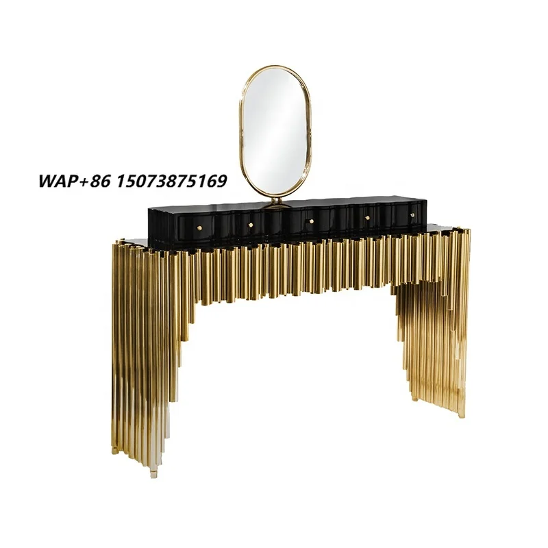 Custom High Wood Dressing Table Luxury Stainless Steel Base Makeup Table with Mirror for Master Bedroom and Upscale Apartment