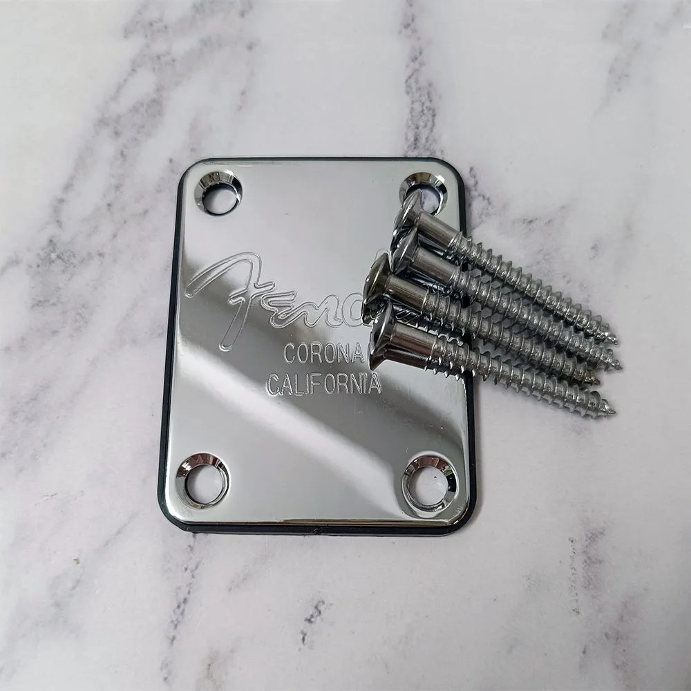 1 SET Electric Guitar Neck Plate Silver Engraved FD Logo with 4 Holes Screws Fit for Fenderr ST Most Guitars Bass Replacement