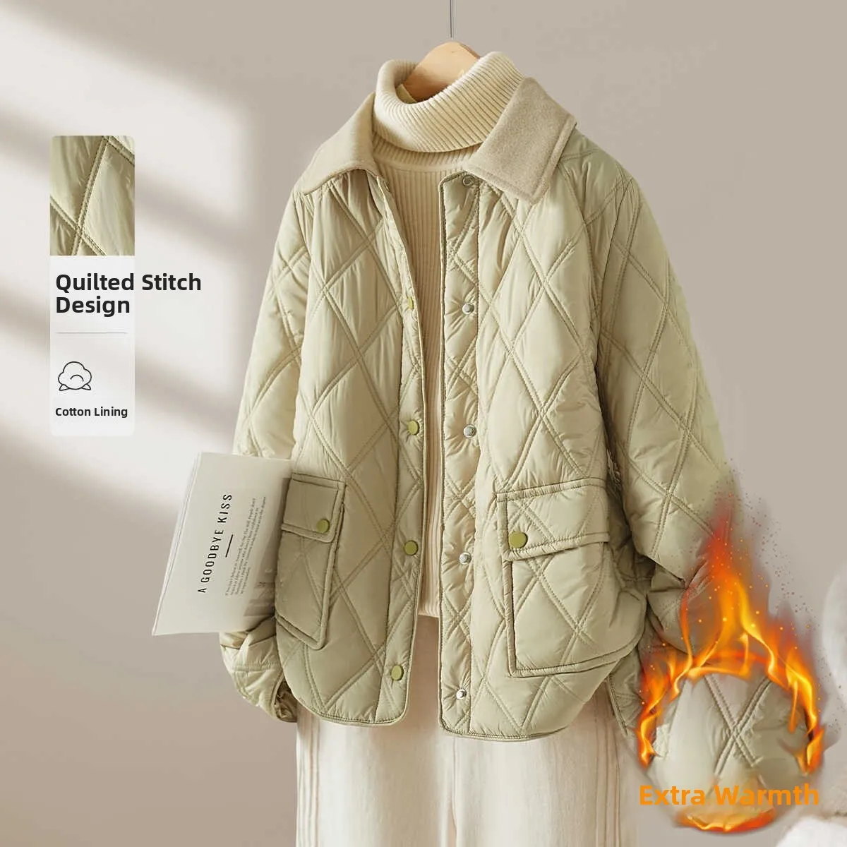 

Women's Cotton Jaet Quilted Casual Lightweight Diamond Pattern Fall Winter Faionable Thin Cotton Coat Zipper Closure