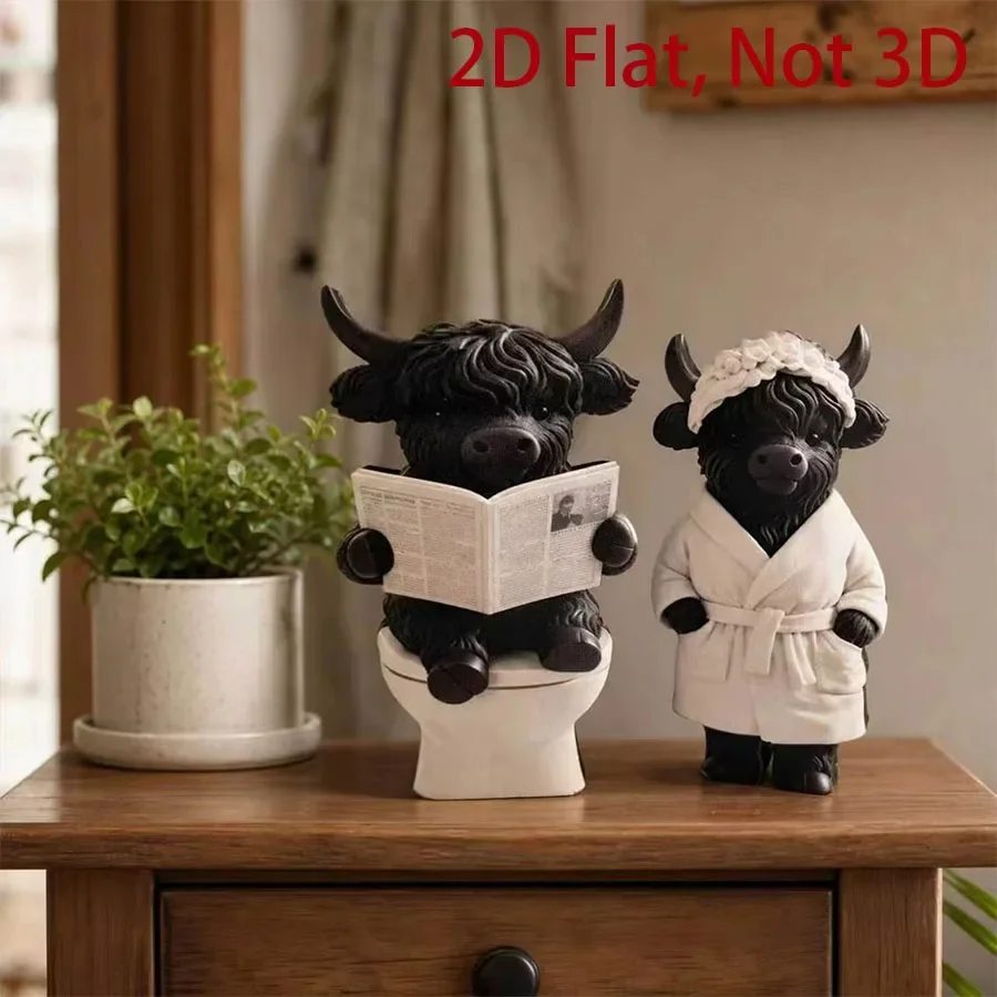Cute Scottish Highland Cow Resin Figurines Funny Bathing & Reading Cow Statue Desk Decor for Home Bathroom Office Holiday Gift