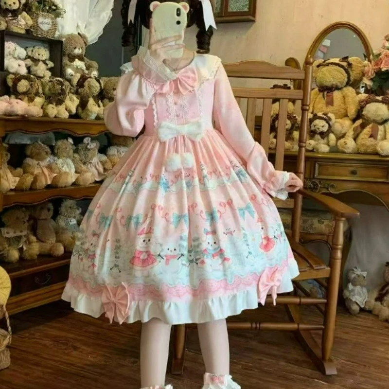 Japanese Sweet Lolita Pink Cute Dress Women Kawaii Lace Bow Peter Pan Collar Long Sleeve Princess Dresses Y2k Party Mini Dresses
