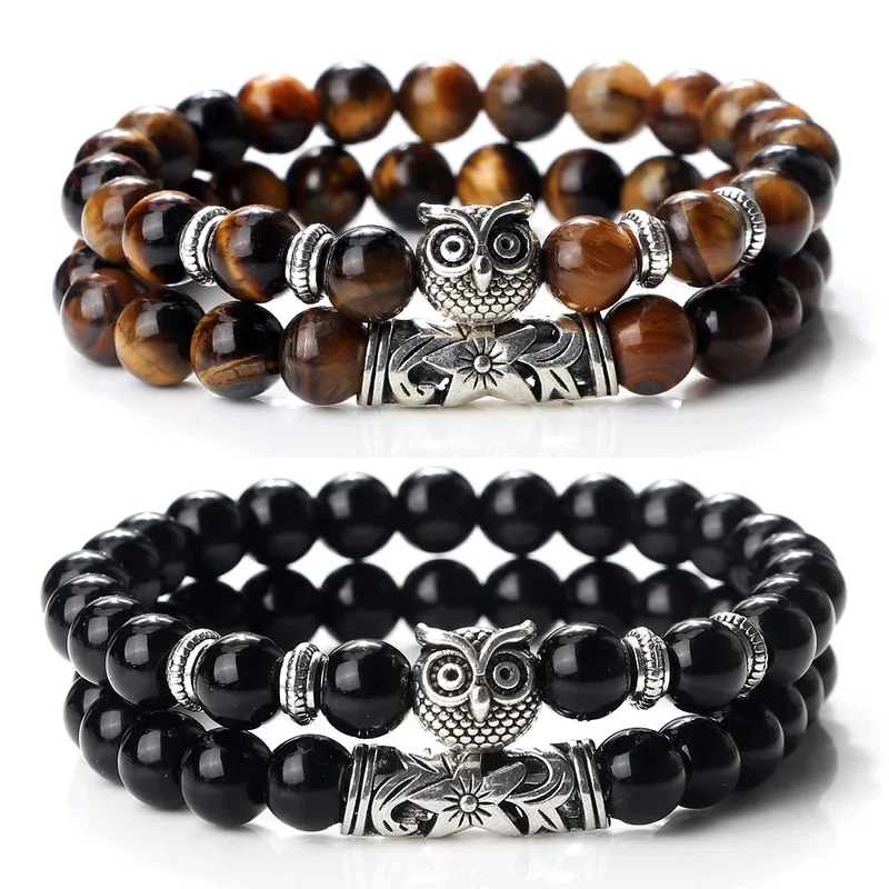 Pulsera de cuentas de piedra Natural a la moda para hombre, cuentas clásicas de búho con cuentas de ónix de Lava negra, pulseras con dijes, joyería para mujer, regalo para parejas