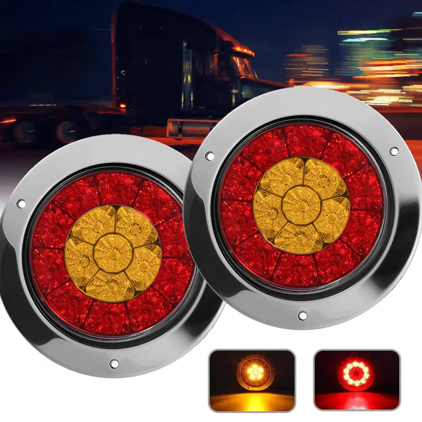 2X 4 بوصة 16 LED شاحنة مستديرة مقطورة RV الفرامل وقف بدوره الذيل مصباح إشارة الأحمر العنبر الكروم مقاوم للماء 12-24 فولت-AB36