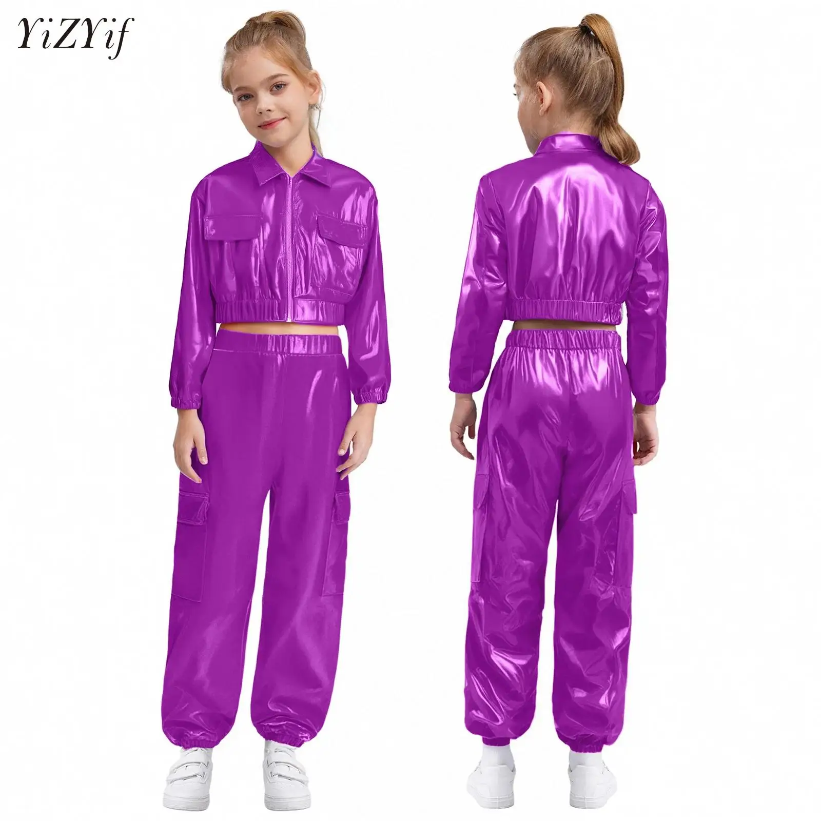 Costume da ballo di strada per bambini Jazz Moda Cool Set di vestiti metallici luminosi Ragazzi Ragazze Giacca hip-hop Top Pantaloni Pista Mostra outfit