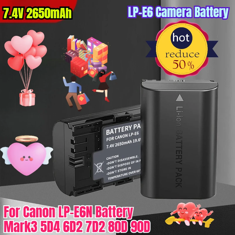 

7.4V 2650mAh LP-E6 Camera Battery for Canon LP-E6N Battery Mark3 5D4 6D2 7D2 80D 90D