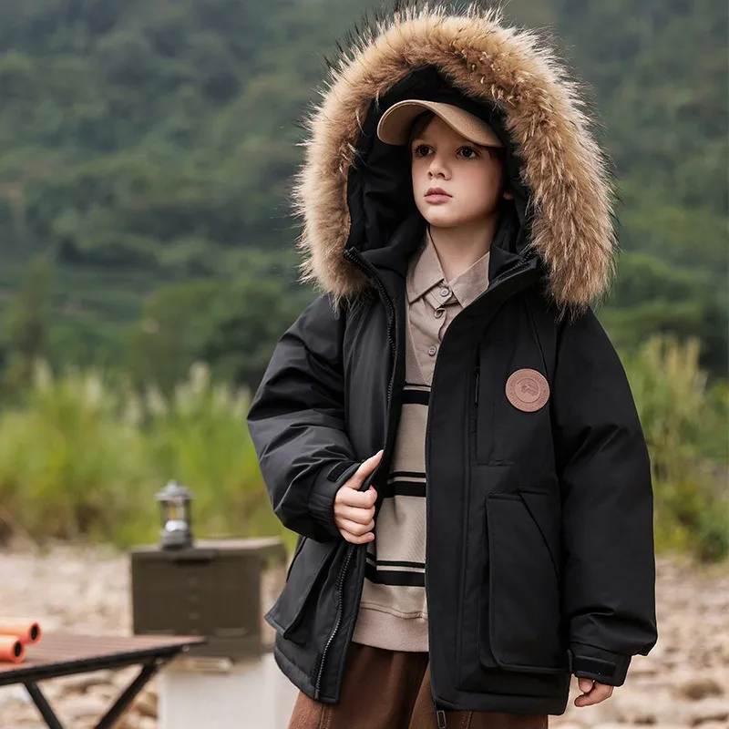UNITIM Children Boys White Duck Down Jackets Winter Junior Boys Snowwear Jackets Faux Fur Hooded Thicken Teens Outerwear Coat