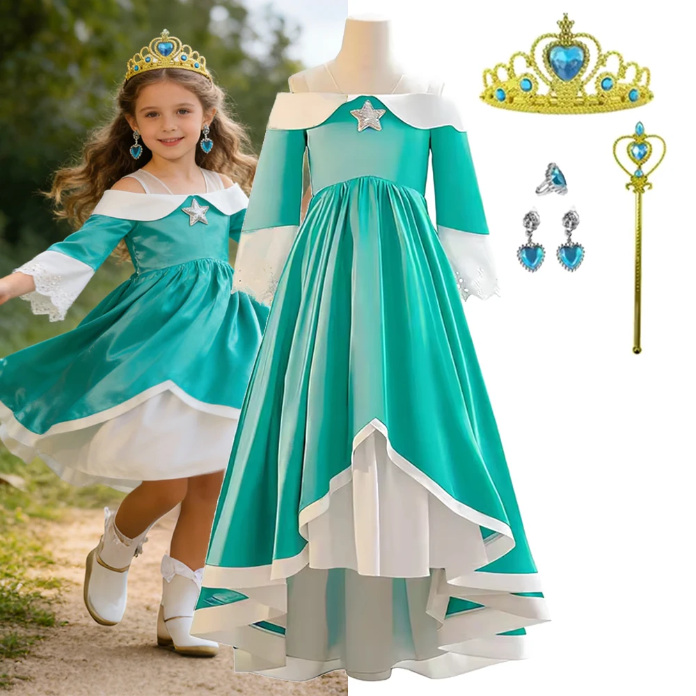 Girls Peach Green Off Shoulder Princess Dress With Matching Accessories Elegant Cosplay Outfit For Birthday Halloween Party