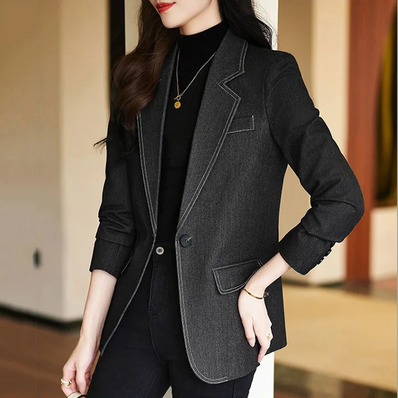 كبار تحسس الرجعية الدنيم البدلة سترة الإناث الخريف الشتاء جديد رداء غير رسمية قمة الموضة النسائية مكتب الملابس المهنية السترة