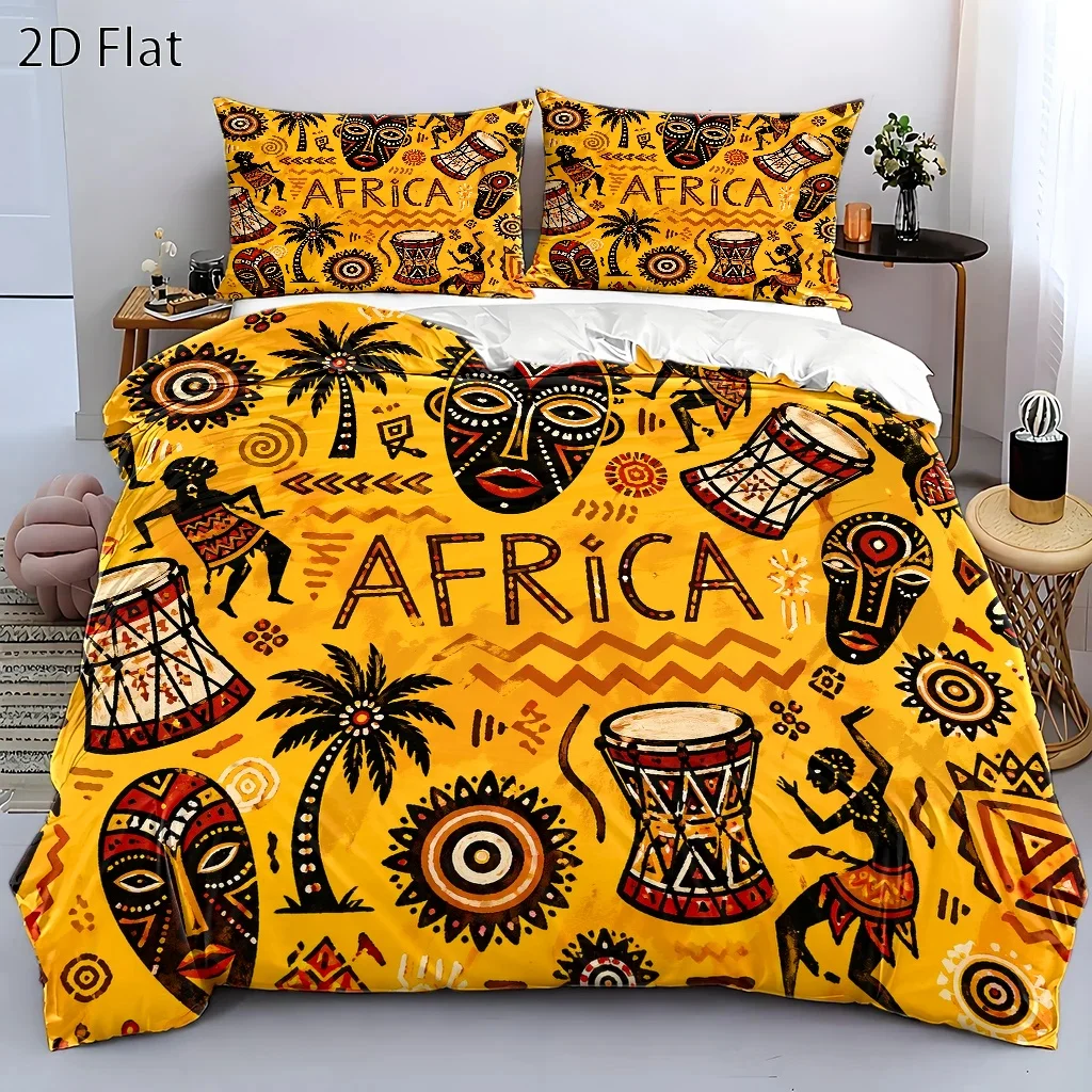 3-Piece African Ethnic Style Bed Set, 1*Duvet Cover + 2*Pillowcases, Suitable for All Seasons, Machine Washable Bedding Set, Invisible Zipper Personal Bed Cover, Universal Large Duvet Cover Set for Home, Dormitory, Master Bedroom, and Guest Room, Includes African Totem Mask and Drum Dance Elements Printed Bedding Set, Retro Art Style Three-Piece Bedding Set