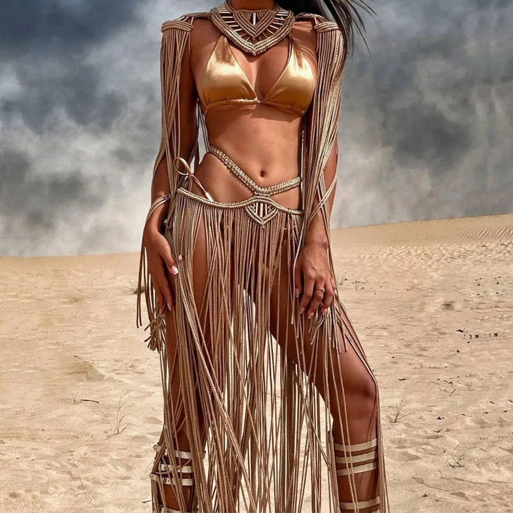 Handmade Knitted Crochet Boho Festival Outfit 2026 Women Beach Cover up Solid Tassel Top Long Muse Skirt Fringe Macrame Set
