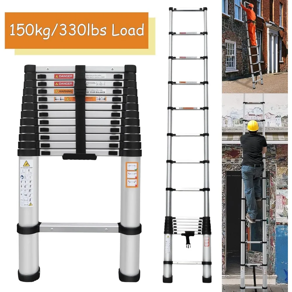 سلم تمديد متعدد الأغراض من الألومنيوم بطول 16.4 قدم/5 متر، معتمد EN131، سعة 330 رطل، قابل للطي محمول، 12 خطوة، Dur #3