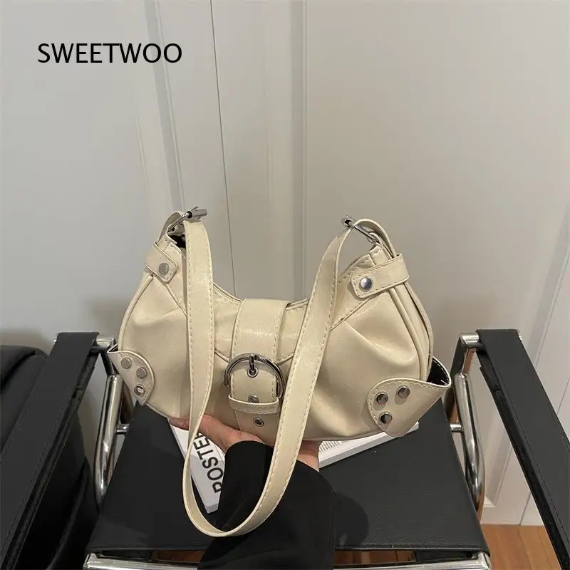 Off White Y2K Ruched Underarm Bag PU Metal Rivet D Buckle Decor Adjustable Strap Retro Motorcycle Shoulder Purse