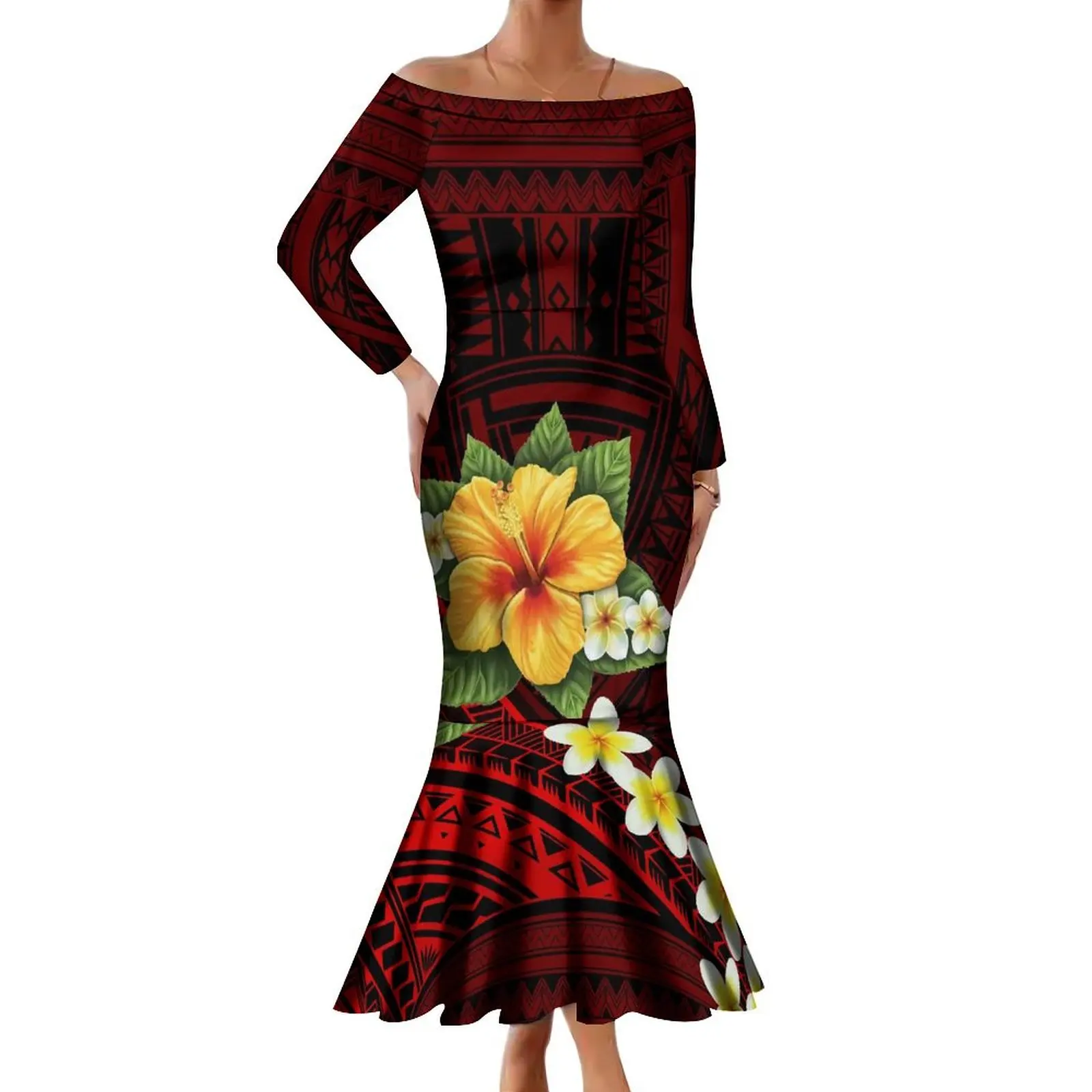 

Samoa Club Polynesian Women'S Off-The-Shoulder Dress Custom Hibiscus Flower Vintage Design Mermaid Maxi Dress 3d Hd Pattern