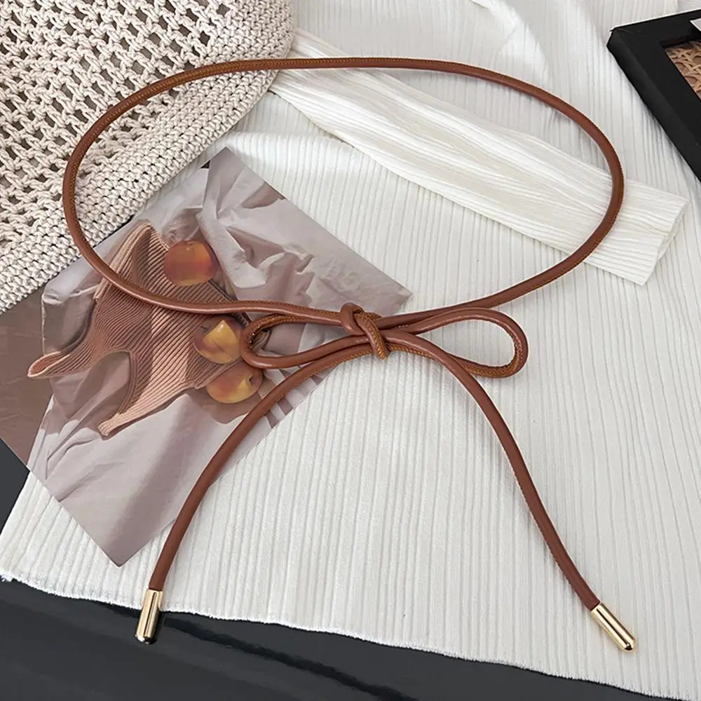 150/160cm Round Leather Thin Belt Women Decorative Bow Knot Waist Rope Knotted Vintage Dress Coat Sweater String Strap Waistband