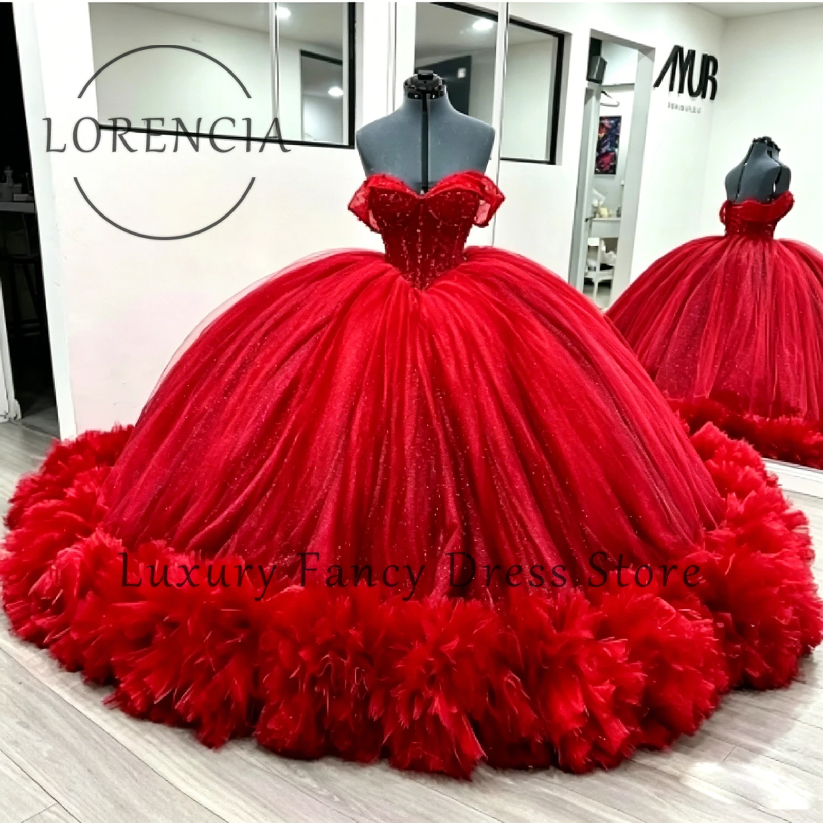 Vestidos de Quinceañera de Lujo con Escote Corazón, Hombros Descubiertos, Corpiño con Cuentas, Tul Brillante y Volantes, Vestido de Fiesta de Cumpleaños Azul para 15 Años
