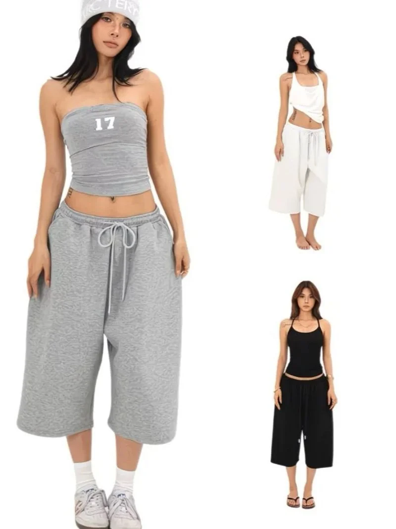 High Waist Loose Casual Pants Women's Comfortable Drawstring Sweatpants Lazy Relaxing Style Seven-Foot Length Straight Leg