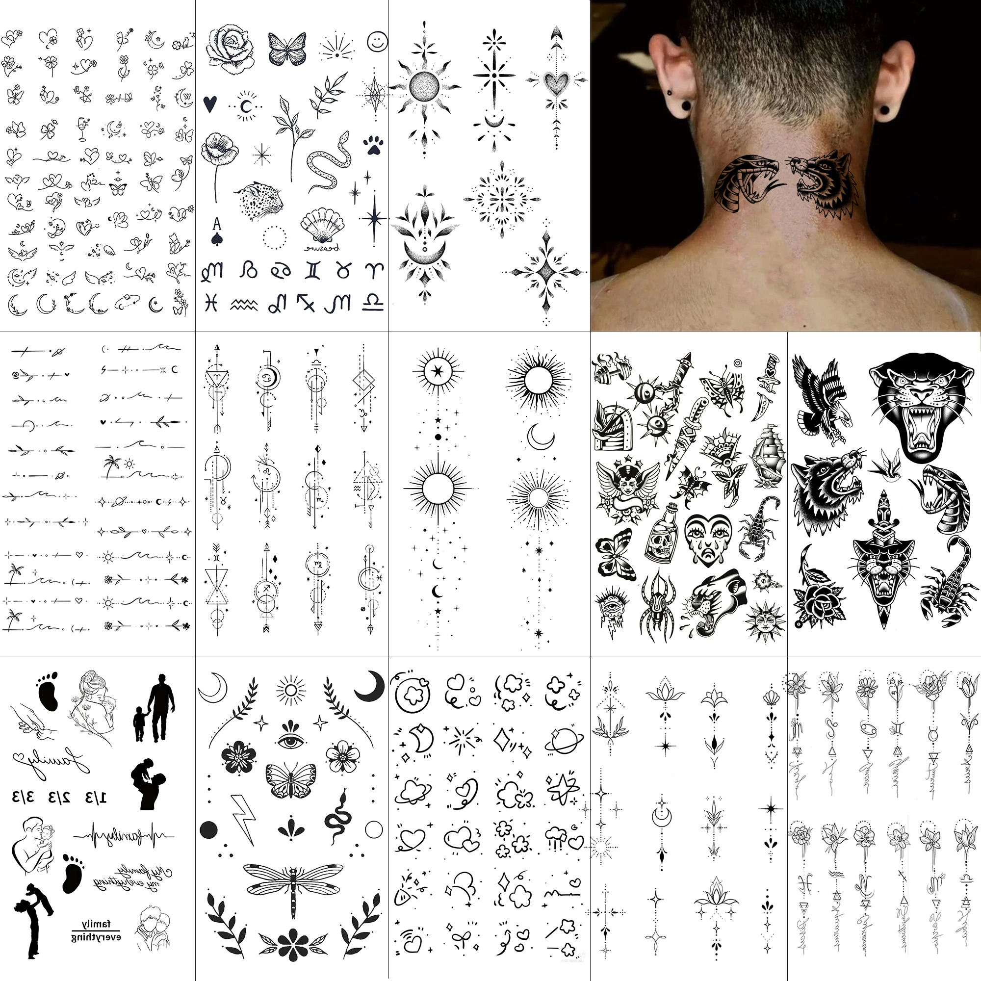 

1 Sheet Tiger Sun Crescent Temporary Tattoos For Adult Hands Neck, Fake Tattoo Stickers Waterproof Long Lasting Realistic Tatoos
