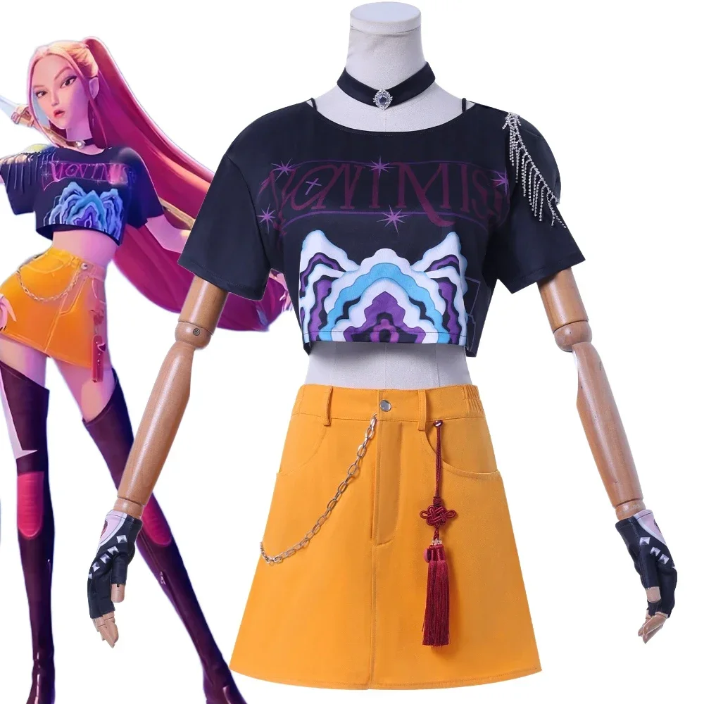 

Anime KPop Demon Hunters Mira Cosplay Costume Girl Top T-shirt Skirt Full Set Rock Punk Performance Clothes Halloween Outfits