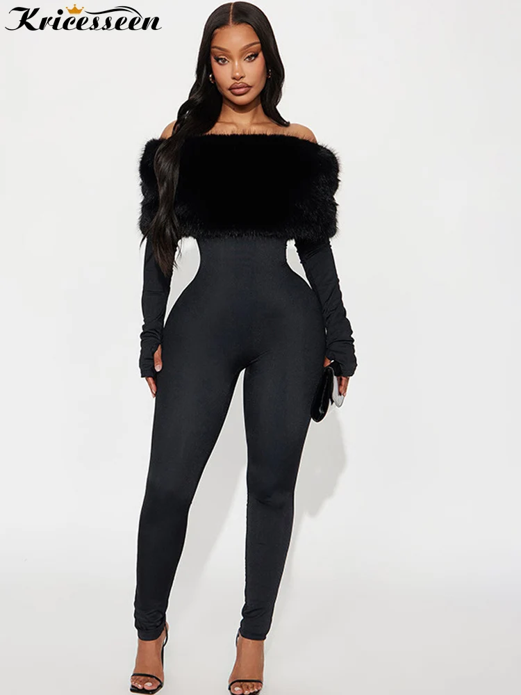بدلة قفز شتوية من Kricesseen مكشوفة الأكتاف من الفرو الصناعي للنساء بأكمام طويلة وخصر عالٍ بدلة قطعة واحدة للحفلات الليلية