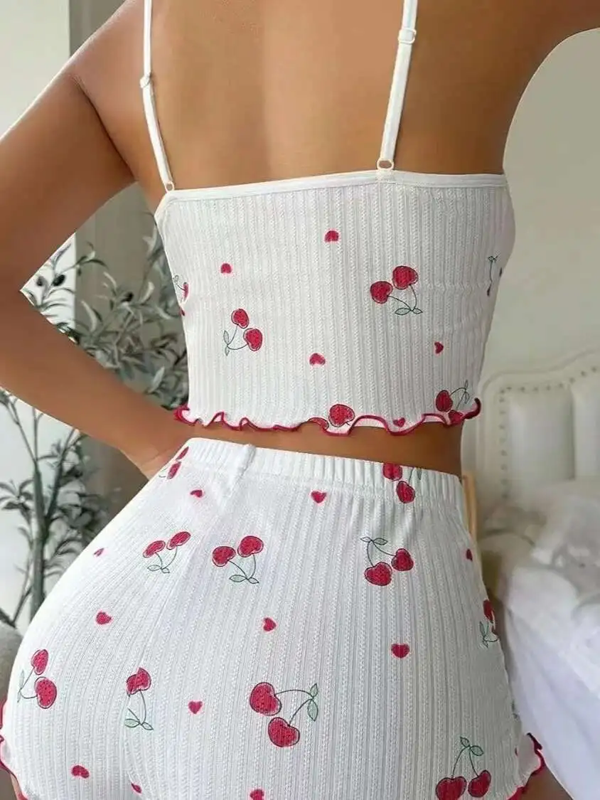 인쇄 된 신제품 세트 귀여운 체리 인쇄 솔리드 컬러 홈 의류 나비 활 편안한 스트랩 드레스 세트 여성 X9W1