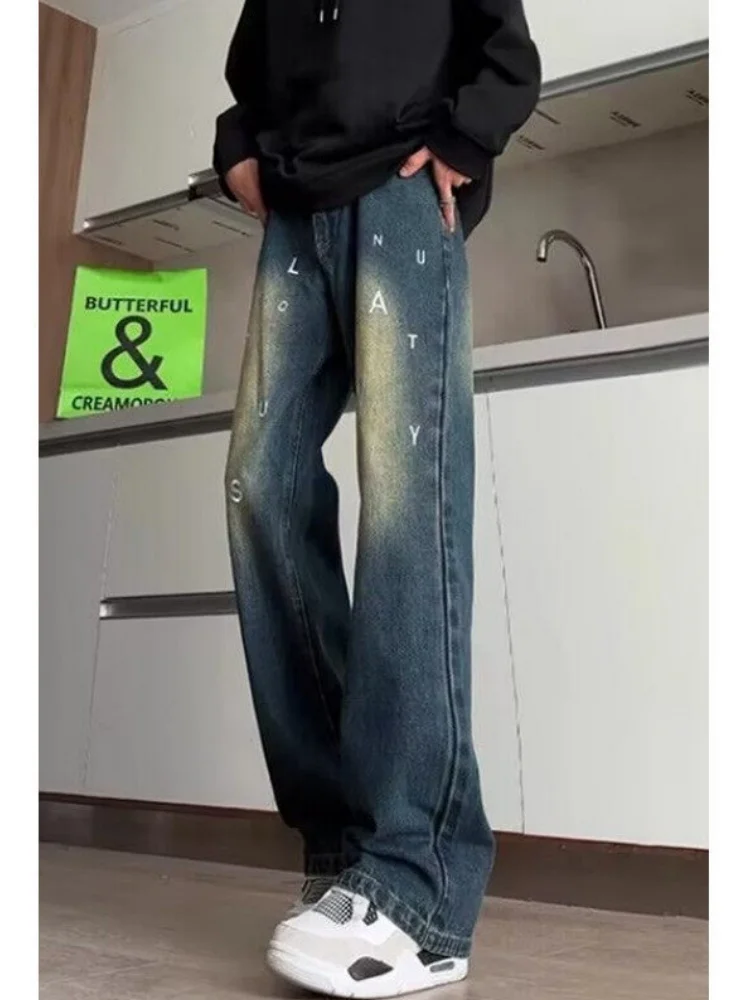 

Мужские джинсы American High Street Lettering: весенне-осенние, модные, широкие брюки с эффектом похудения, молодежный стиль