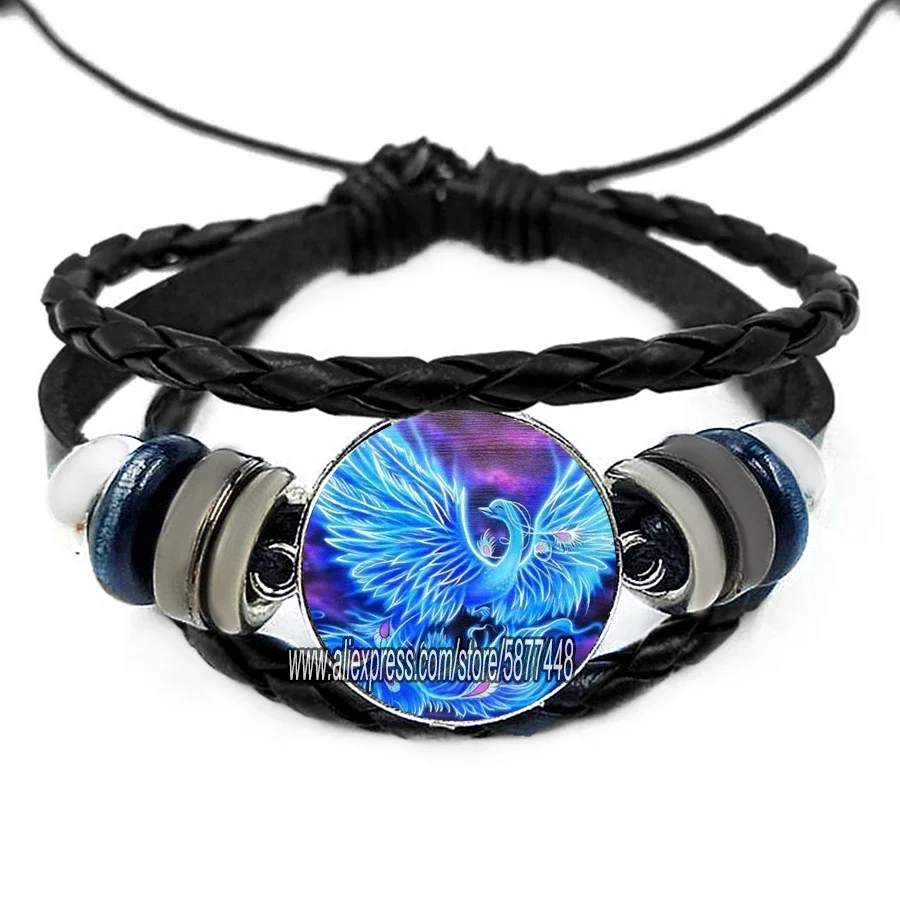 Evil Phoenix Charm Glass Cabochon Leather Man Bracelets Devastating Animal Layers Weave Handmade Punk Black Bracelets