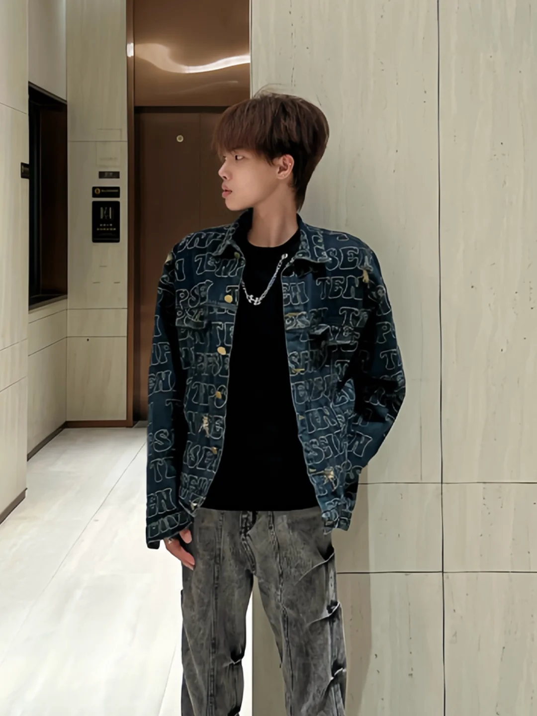 

Deep Blue Printed Denim Jaet Men's American High Street Sle Collared Workwear Jaet Cotton Polyester Blend Spring Autumn