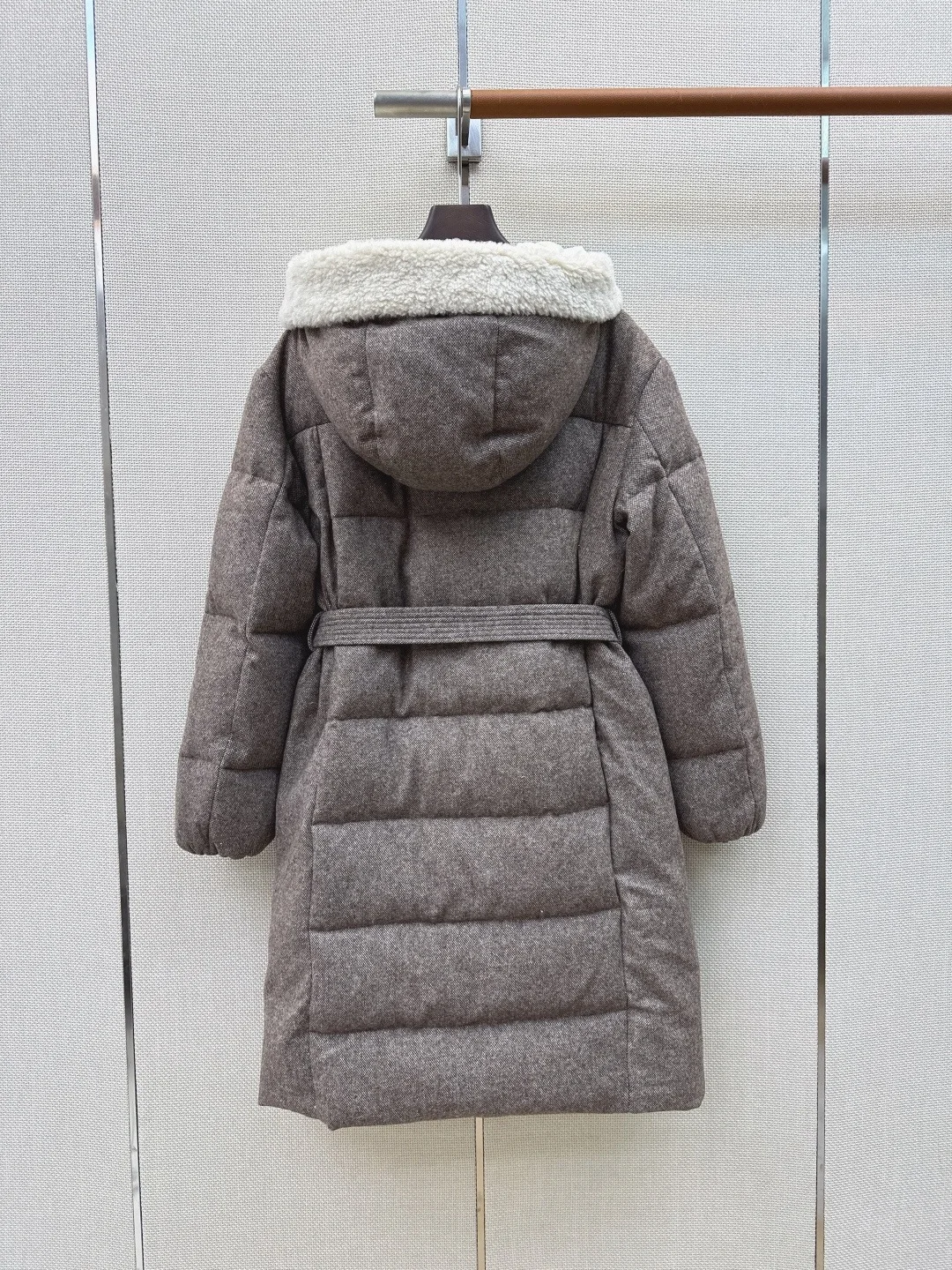 2026 Autumn Winter New Arrival Minimalist Contrast‑color Hooded Long Down Jacket, Custom Wool Fabric with Premium Heavy‑duty Tex